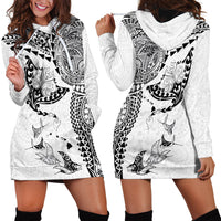 Hawaiian Manta Ray Tribal Hoodie Dress Polynesian Art Motifs White Color