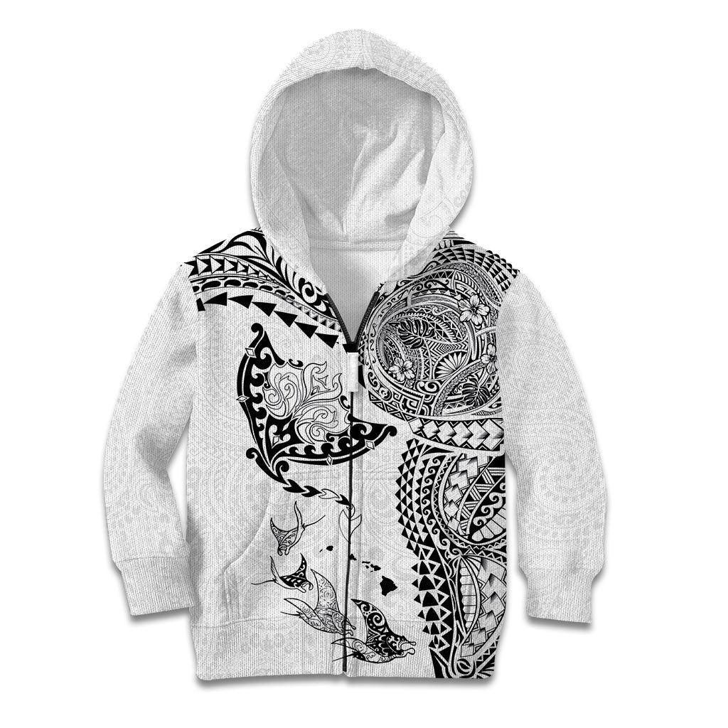 Hawaiian Manta Ray Tribal Kid Hoodie Polynesian Art Motifs White Color
