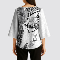 Hawaiian Manta Ray Tribal Kimono Sleeve Blouse Polynesian Art Motifs White Color