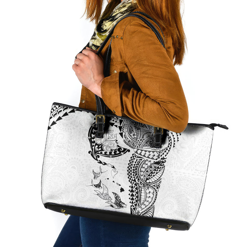 Hawaiian Manta Ray Tribal Leather Tote Bag Polynesian Art Motifs White Color LT03 White - Polynesian Pride