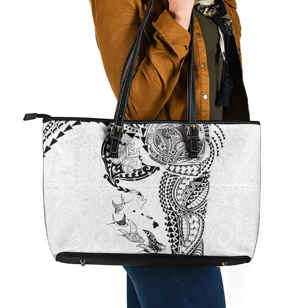 Hawaiian Manta Ray Tribal Leather Tote Bag Polynesian Art Motifs White Color LT03 - Polynesian Pride
