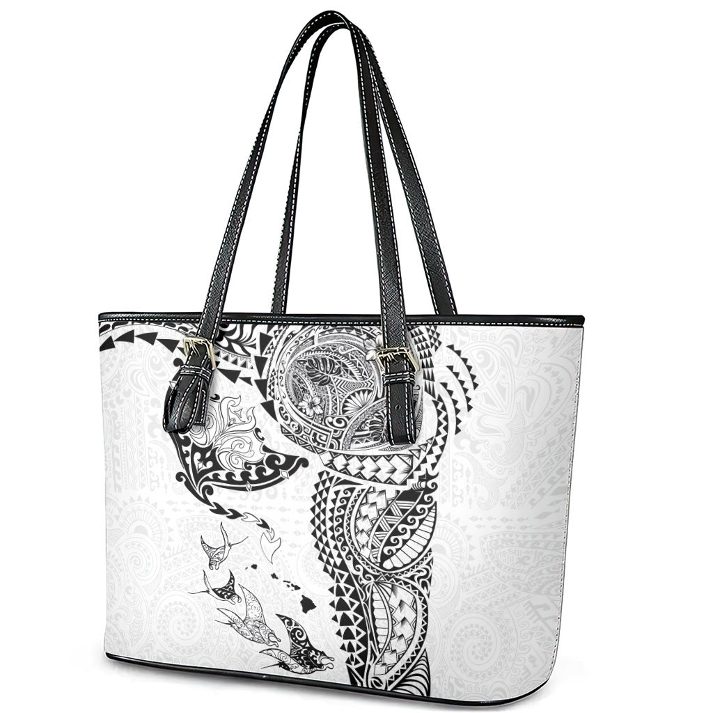 Hawaiian Manta Ray Tribal Leather Tote Bag Polynesian Art Motifs White Color LT03 - Polynesian Pride
