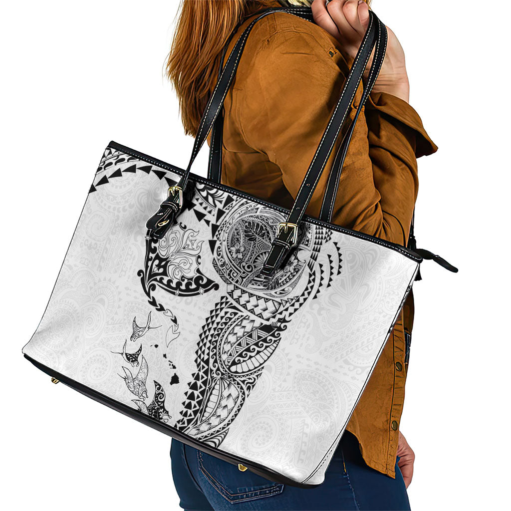 Hawaiian Manta Ray Tribal Leather Tote Bag Polynesian Art Motifs White Color LT03 - Polynesian Pride