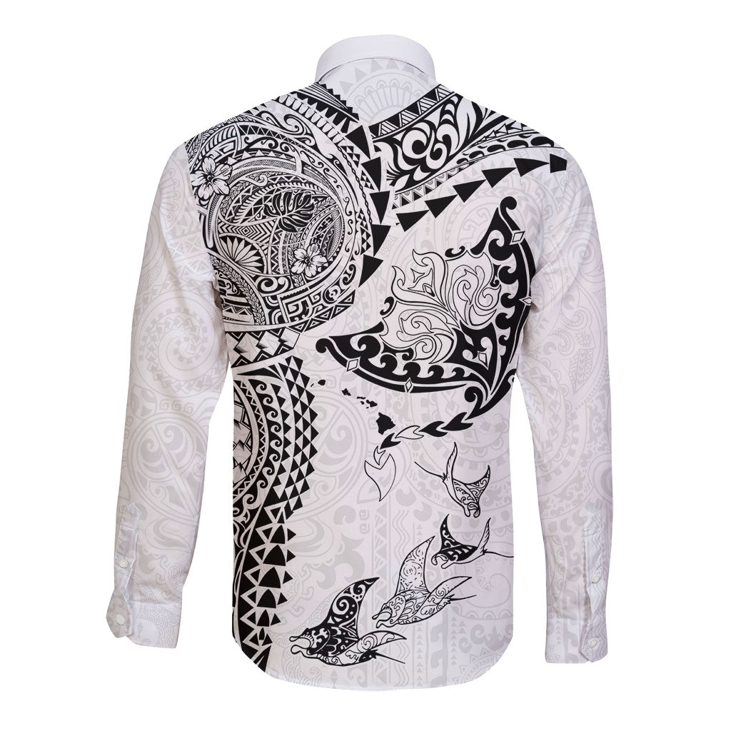 Hawaiian Manta Ray Tribal Long Sleeve Button Shirt Polynesian Art Motifs White Color