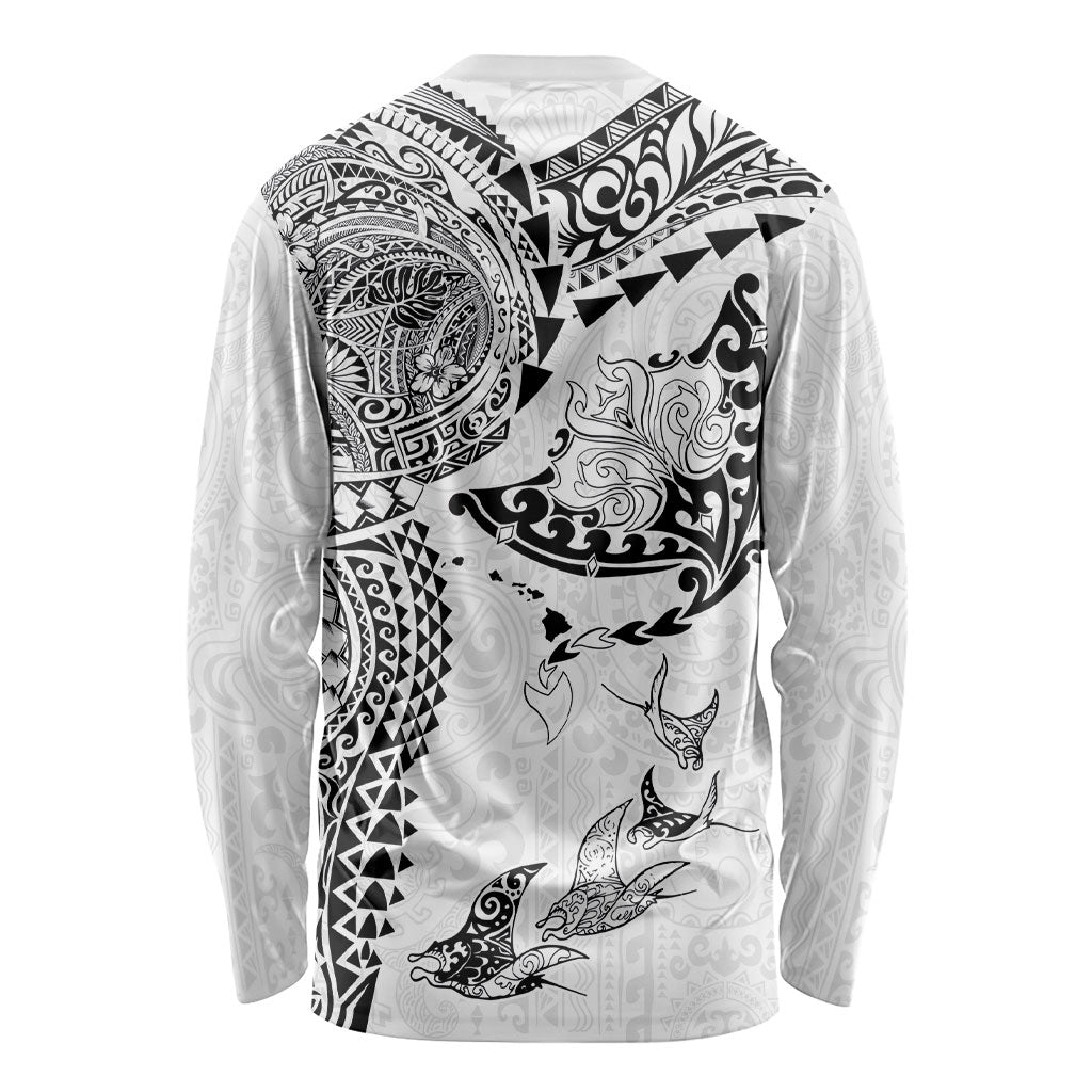 Hawaiian Manta Ray Tribal Long Sleeve Shirt Polynesian Art Motifs White Color LT03 - Polynesian Pride