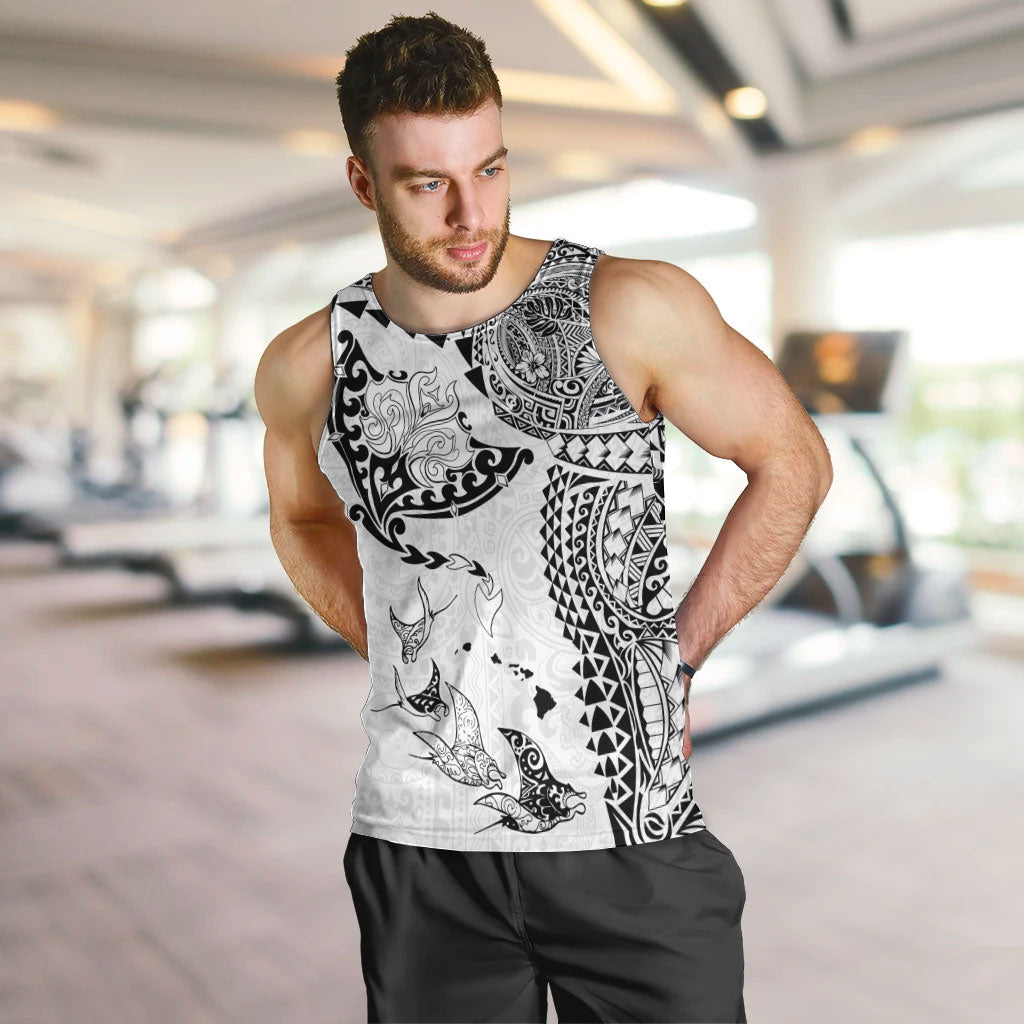 Hawaiian Manta Ray Tribal Men Tank Top Polynesian Art Motifs White Color LT03 White - Polynesian Pride