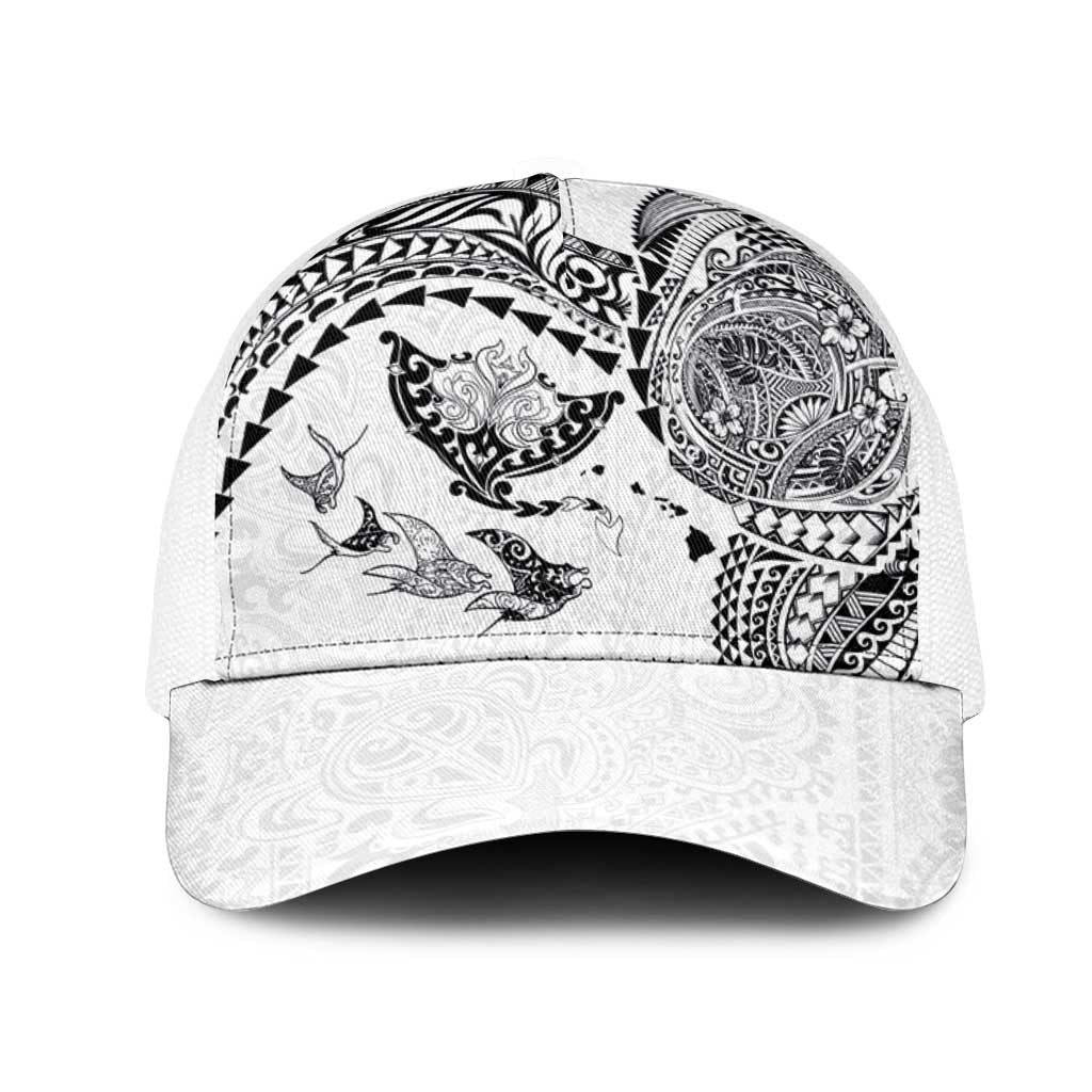 Hawaiian Manta Ray Tribal Mesh Trucker Cap Polynesian Art Motifs White Color