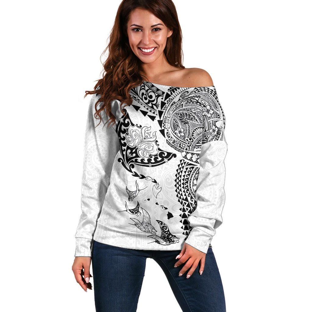 Hawaiian Manta Ray Tribal Off Shoulder Sweater Polynesian Art Motifs White Color LT03 Women White - Polynesian Pride