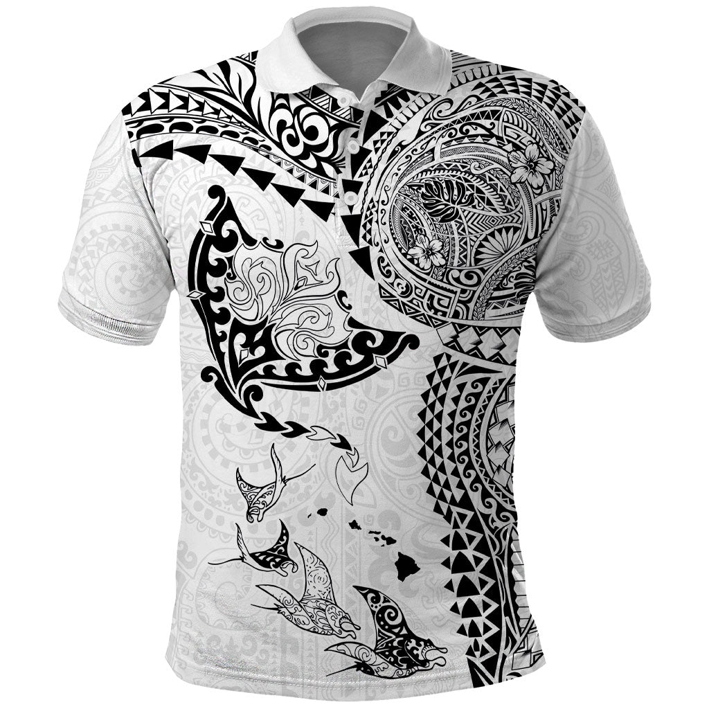 Hawaiian Manta Ray Tribal Polo Shirt Polynesian Art Motifs White Color