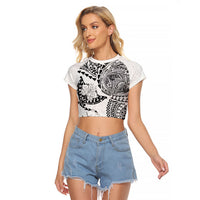 Hawaiian Manta Ray Tribal Raglan Cropped T Shirt Polynesian Art Motifs White Color