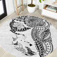 Hawaiian Manta Ray Tribal Round Carpet Polynesian Art Motifs White Color