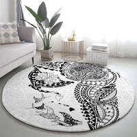 Hawaiian Manta Ray Tribal Round Carpet Polynesian Art Motifs White Color
