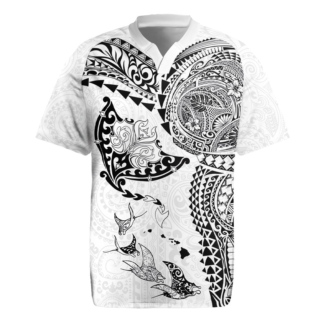 Hawaiian Manta Ray Tribal Rugby Jersey Polynesian Art Motifs White Color LT03 White - Polynesian Pride