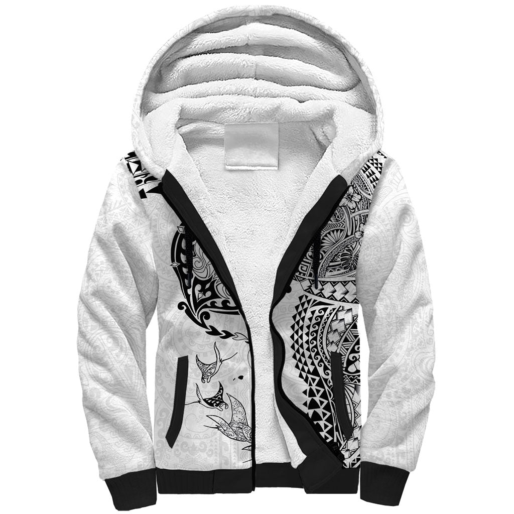 Hawaiian Manta Ray Tribal Sherpa Hoodie Polynesian Art Motifs White Color LT03 Unisex White - Polynesian Pride