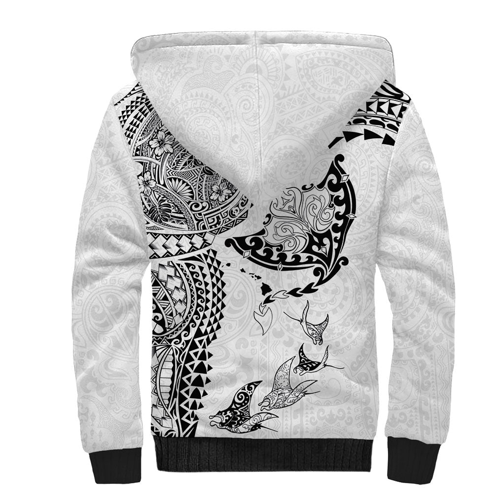 Hawaiian Manta Ray Tribal Sherpa Hoodie Polynesian Art Motifs White Color