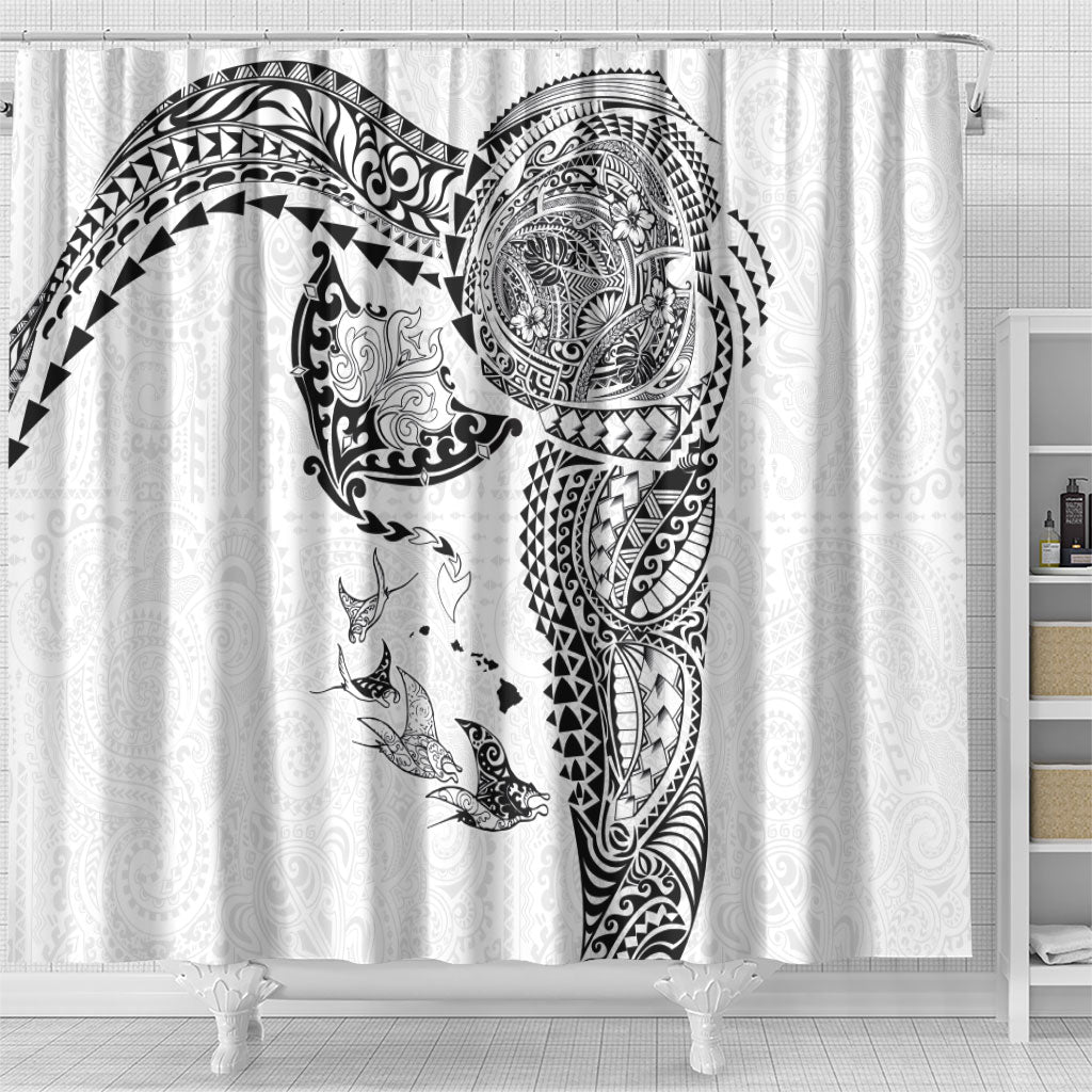 Hawaiian Manta Ray Tribal Shower Curtain Polynesian Art Motifs White Color