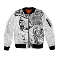 Hawaiian Manta Ray Tribal Sleeve Zip Bomber Jacket Polynesian Art Motifs White Color LT03 Unisex White - Polynesian Pride