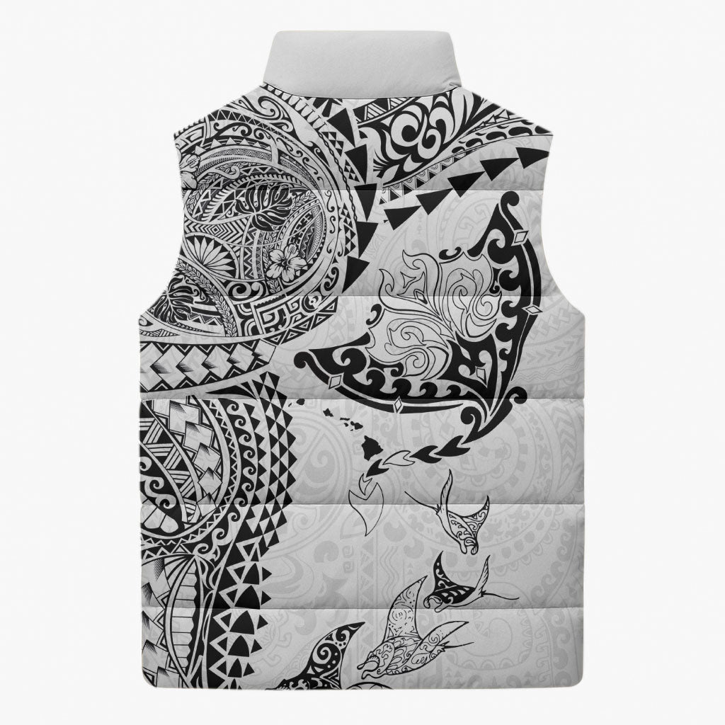 Hawaiian Manta Ray Tribal Sleeveless Puffer Jacket Polynesian Art Motifs White Color LT03 - Polynesian Pride