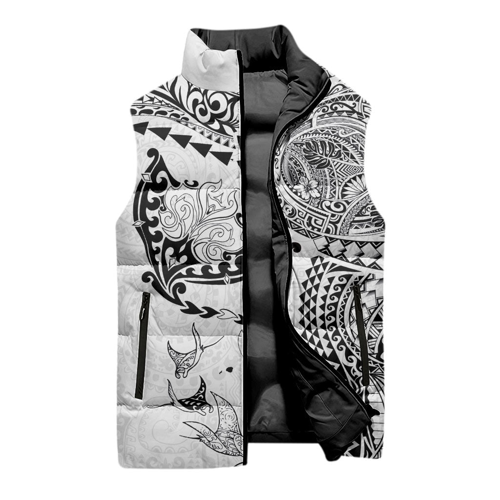 Hawaiian Manta Ray Tribal Sleeveless Puffer Jacket Polynesian Art Motifs White Color LT03 - Polynesian Pride