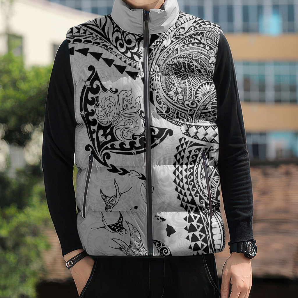 Hawaiian Manta Ray Tribal Sleeveless Puffer Jacket Polynesian Art Motifs White Color LT03 - Polynesian Pride