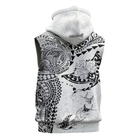Hawaiian Manta Ray Tribal Sleeveless Zip Hoodie Polynesian Art Motifs White Color