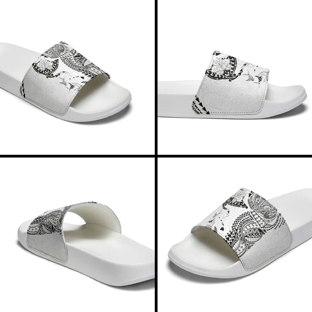 Hawaiian Manta Ray Tribal Slide Sandals Polynesian Art Motifs White Color