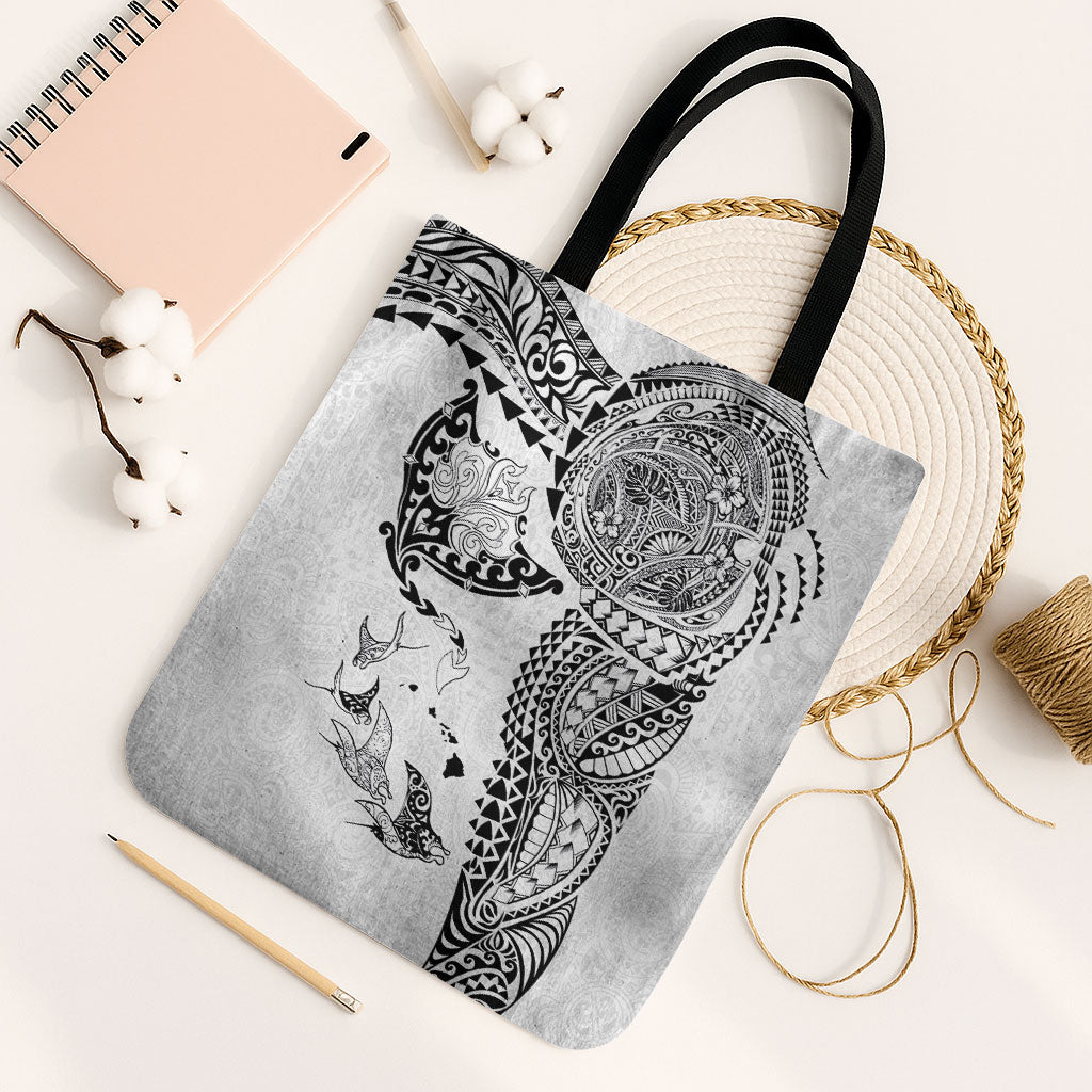 Hawaiian Manta Ray Tribal Tote Bag Polynesian Art Motifs White Color LT03 Black Strap One Size White - Polynesian Pride