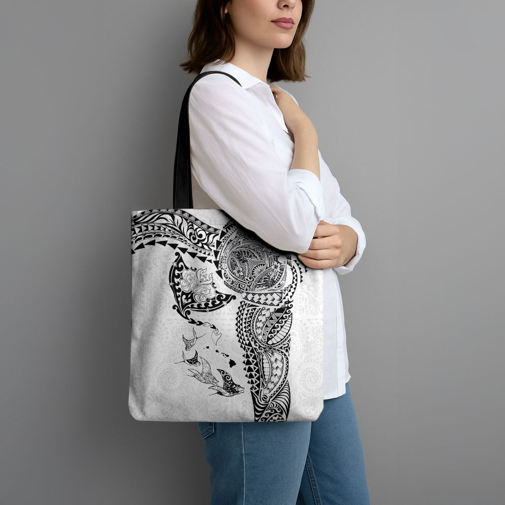 Hawaiian Manta Ray Tribal Tote Bag Polynesian Art Motifs White Color LT03 - Polynesian Pride