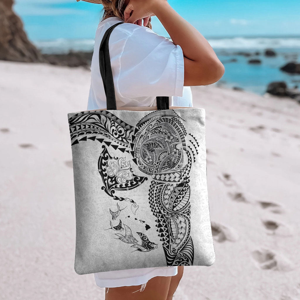 Hawaiian Manta Ray Tribal Tote Bag Polynesian Art Motifs White Color LT03 - Polynesian Pride