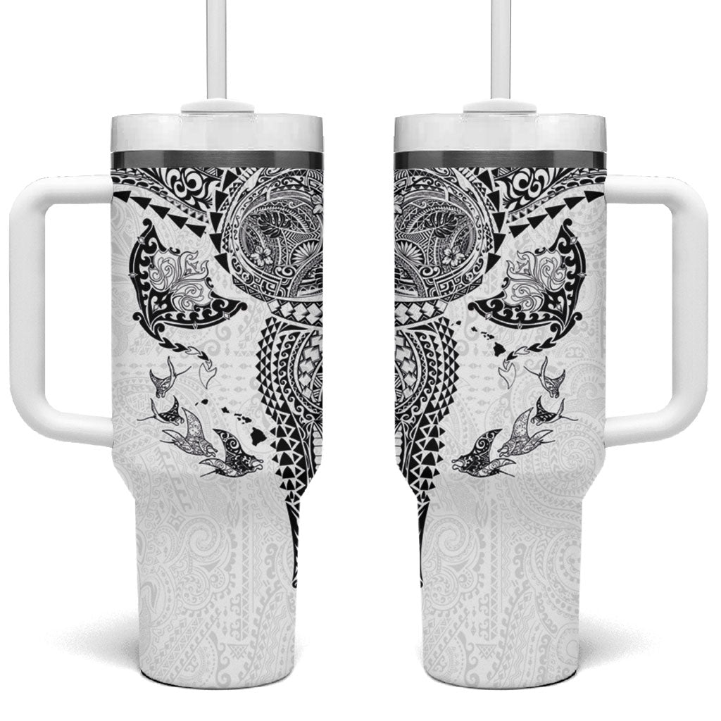 Hawaiian Manta Ray Tribal Tumbler With Handle Polynesian Art Motifs White Color LT03 One Size: 40 oz White - Polynesian Pride