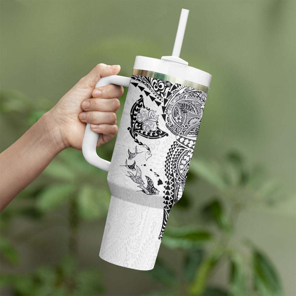 Hawaiian Manta Ray Tribal Tumbler With Handle Polynesian Art Motifs White Color LT03 - Polynesian Pride