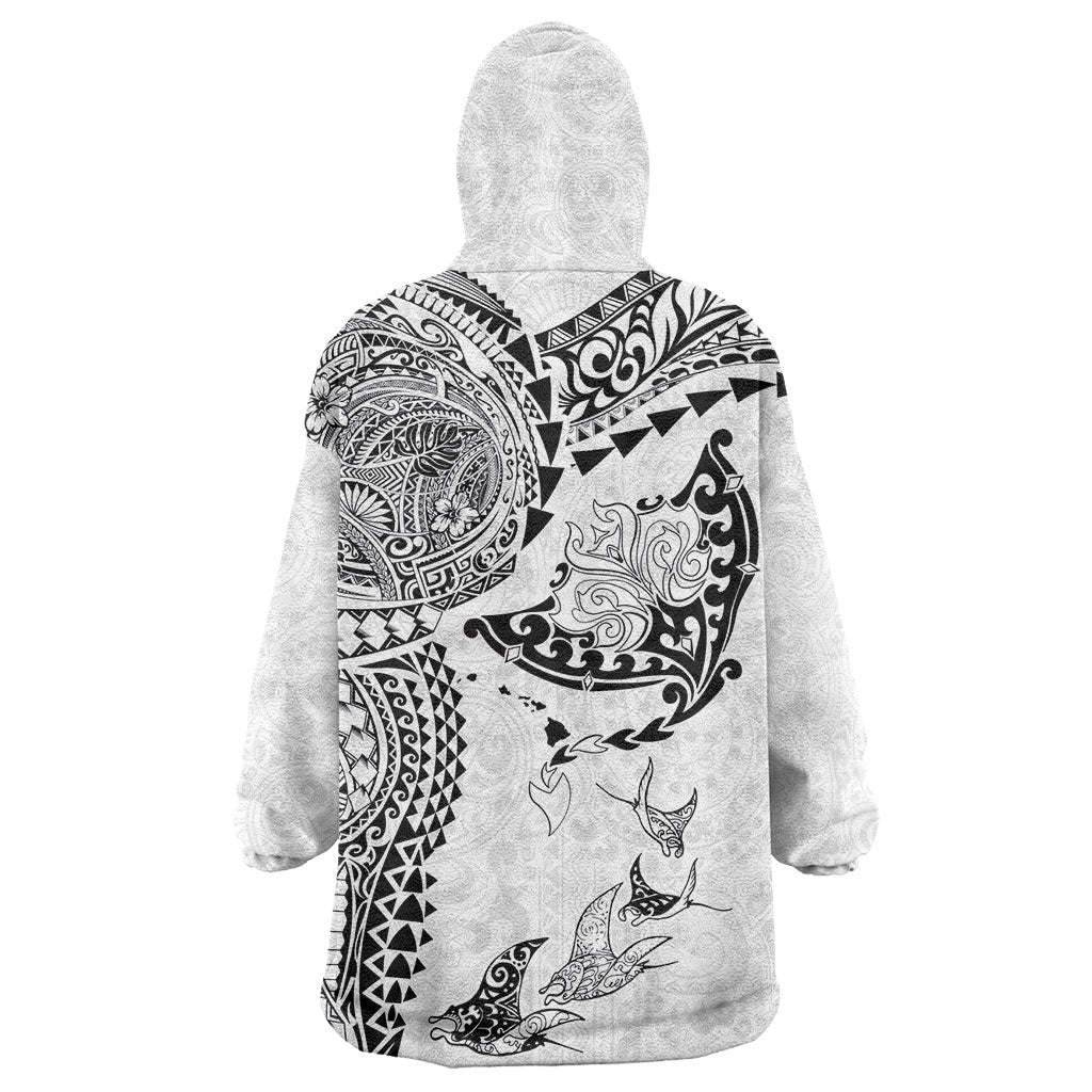 Hawaiian Manta Ray Tribal Wearable Blanket Hoodie Polynesian Art Motifs White Color