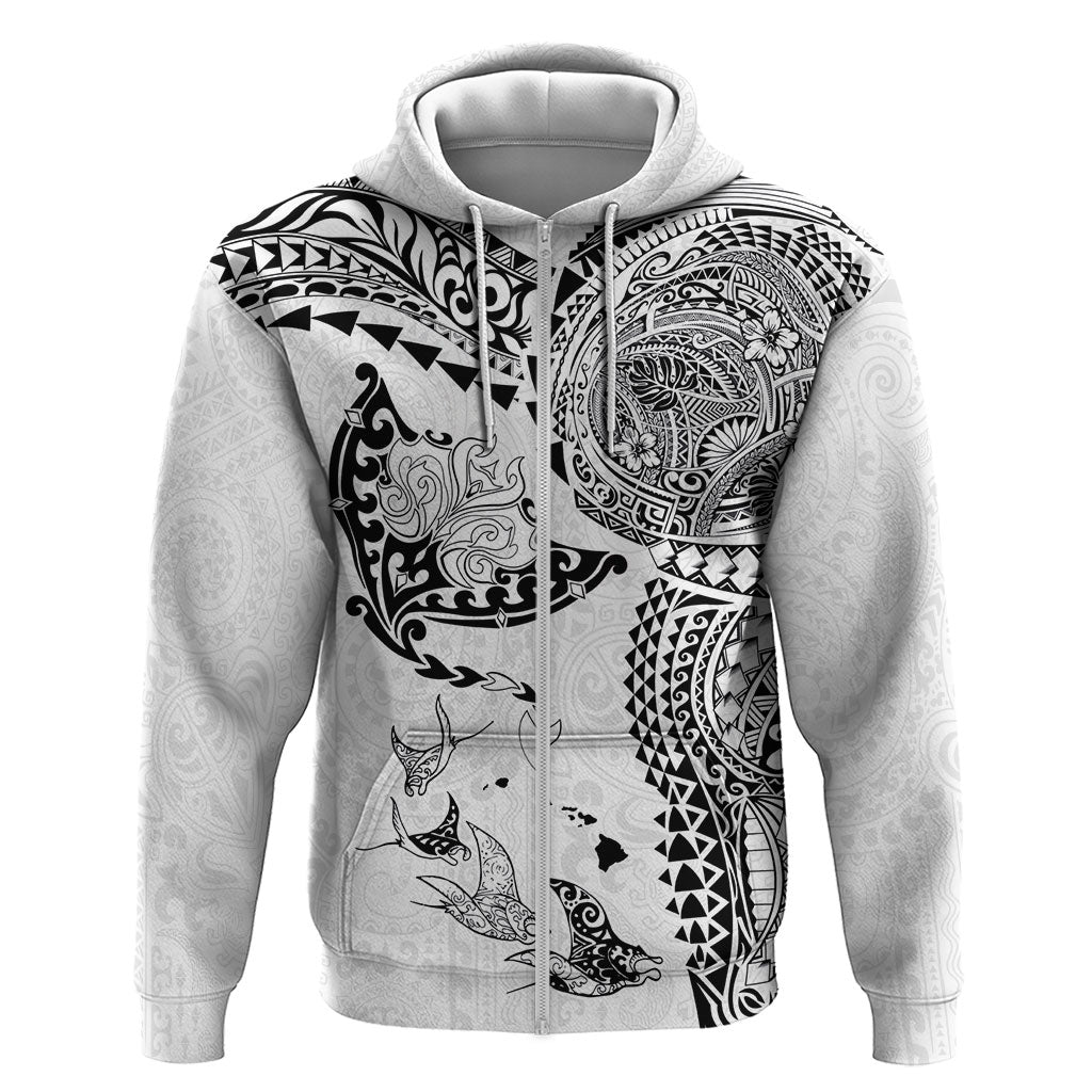 Hawaiian Manta Ray Tribal Zip Hoodie Polynesian Art Motifs White Color LT03 Zip Hoodie White - Polynesian Pride