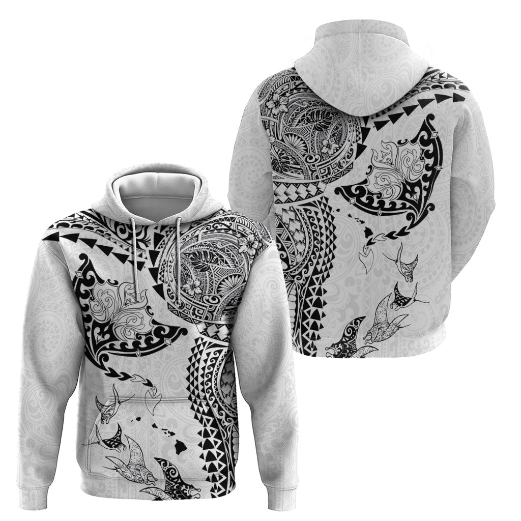 Hawaiian Manta Ray Tribal Zip Hoodie Polynesian Art Motifs White Color