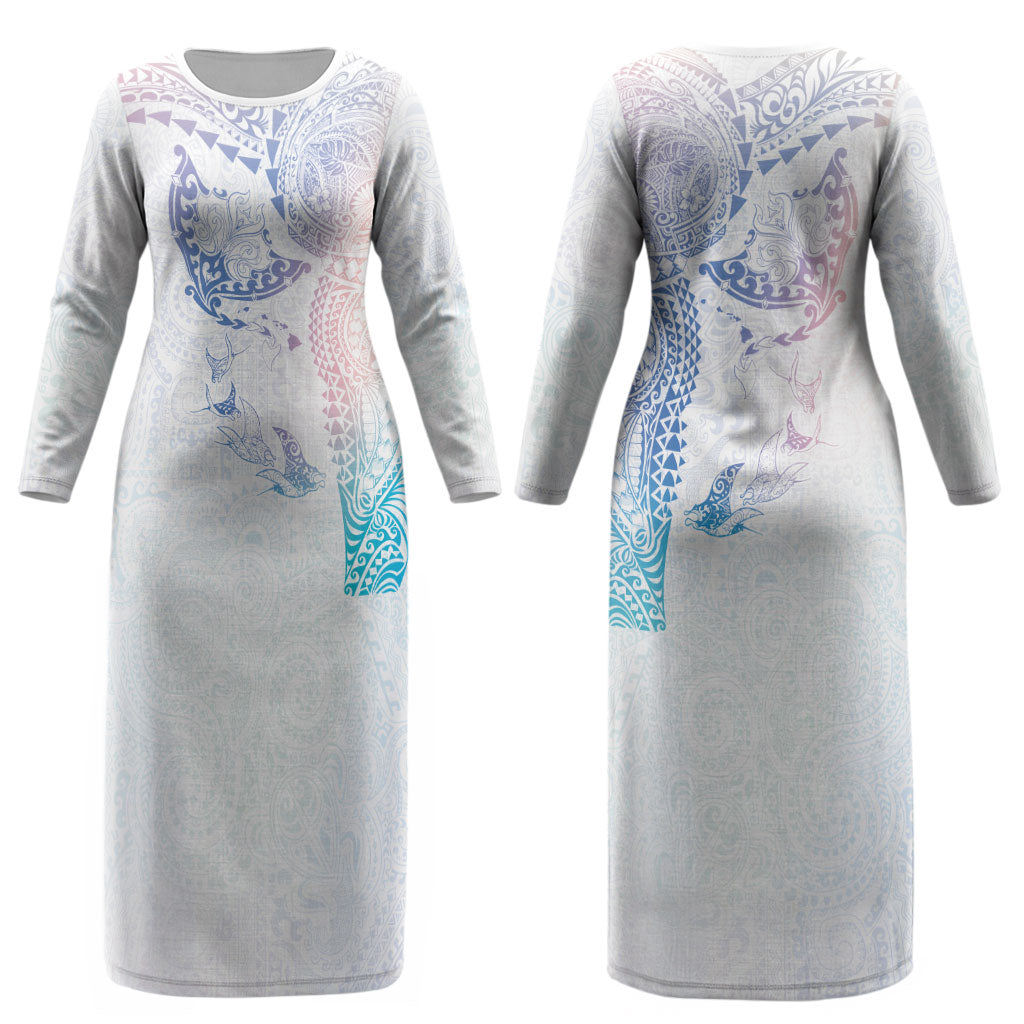 Hawaiian Manta Ray Tribal Couples Matching Long Sleeve Bodycon Dress and Hawaiian Shirt Polynesian Art Motifs Sweet Pastel LT03 - Polynesian Pride