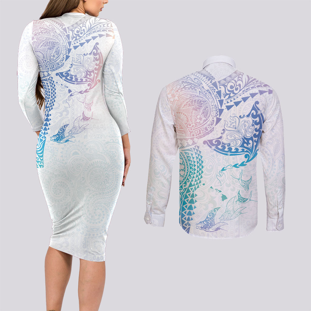 Hawaiian Manta Ray Tribal Couples Matching Long Sleeve Bodycon Dress and Long Sleeve Button Shirt Polynesian Art Motifs Sweet Pastel