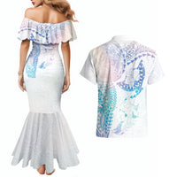 Hawaiian Manta Ray Tribal Couples Matching Mermaid Dress and Hawaiian Shirt Polynesian Art Motifs Sweet Pastel