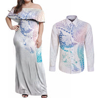 Hawaiian Manta Ray Tribal Couples Matching Off Shoulder Maxi Dress and Long Sleeve Button Shirt Polynesian Art Motifs Sweet Pastel