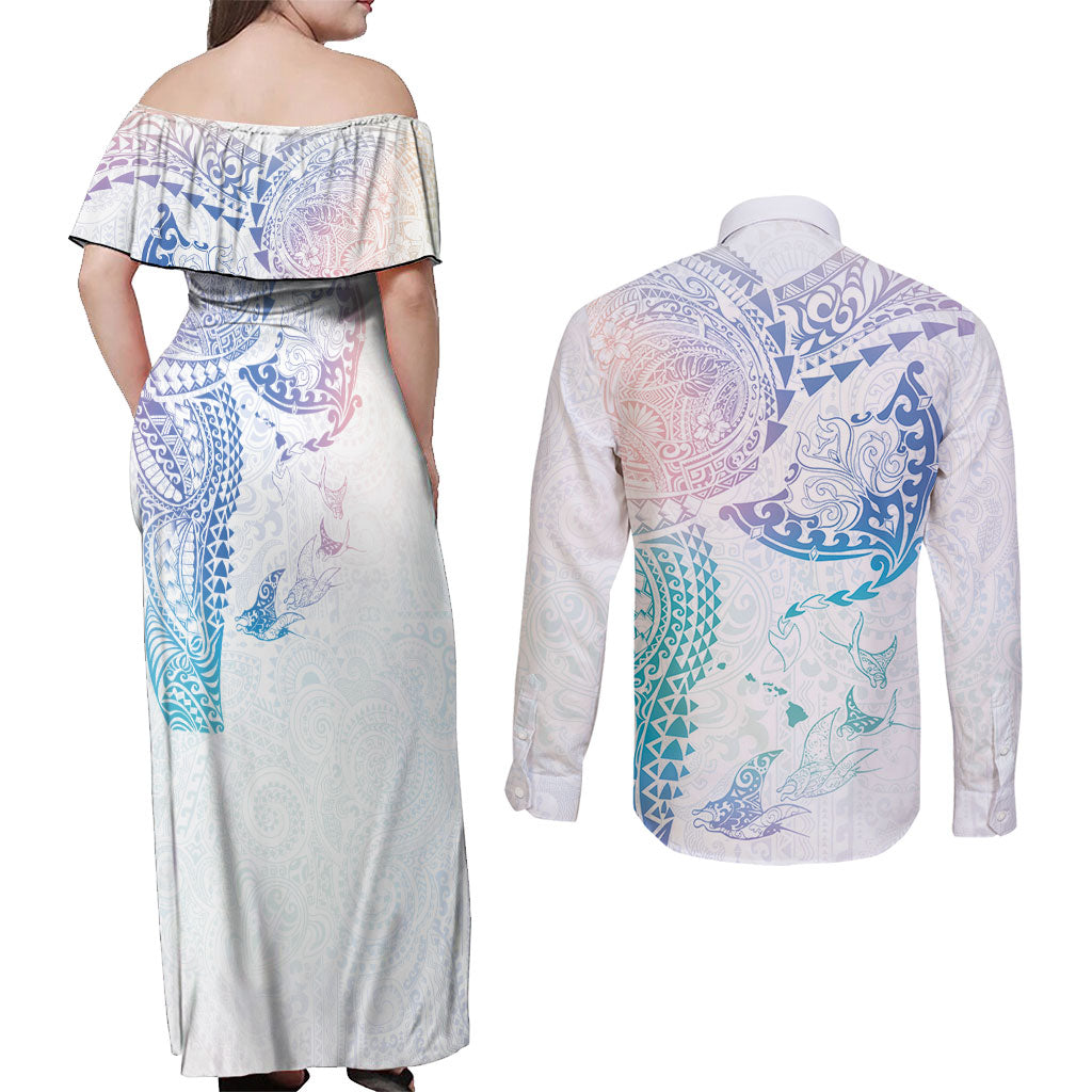 Hawaiian Manta Ray Tribal Couples Matching Off Shoulder Maxi Dress and Long Sleeve Button Shirt Polynesian Art Motifs Sweet Pastel