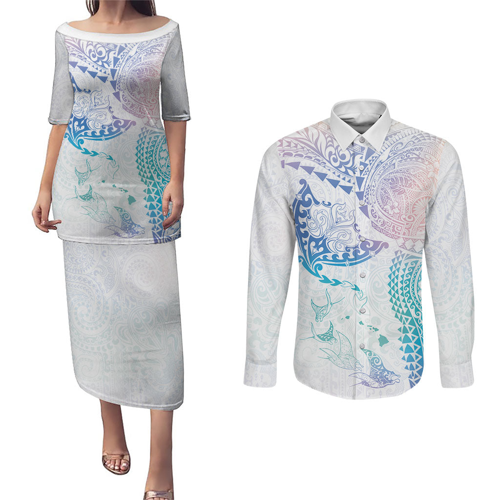 Hawaiian Manta Ray Tribal Couples Matching Puletasi and Long Sleeve Button Shirt Polynesian Art Motifs Sweet Pastel LT03 Multicolor - Polynesian Pride