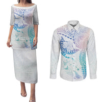 Hawaiian Manta Ray Tribal Couples Matching Puletasi and Long Sleeve Button Shirt Polynesian Art Motifs Sweet Pastel