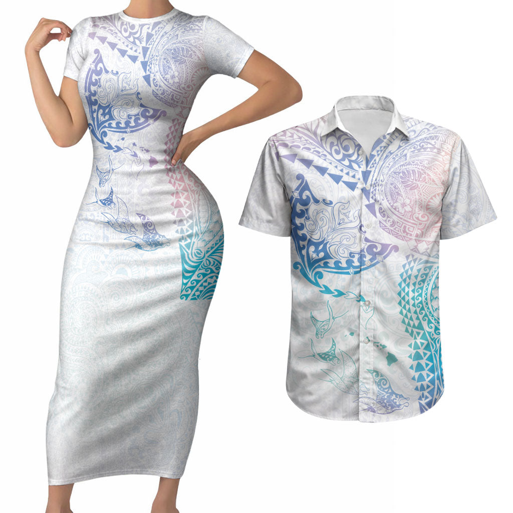 Hawaiian Manta Ray Tribal Couples Matching Short Sleeve Bodycon Dress and Hawaiian Shirt Polynesian Art Motifs Sweet Pastel LT03 Multicolor - Polynesian Pride