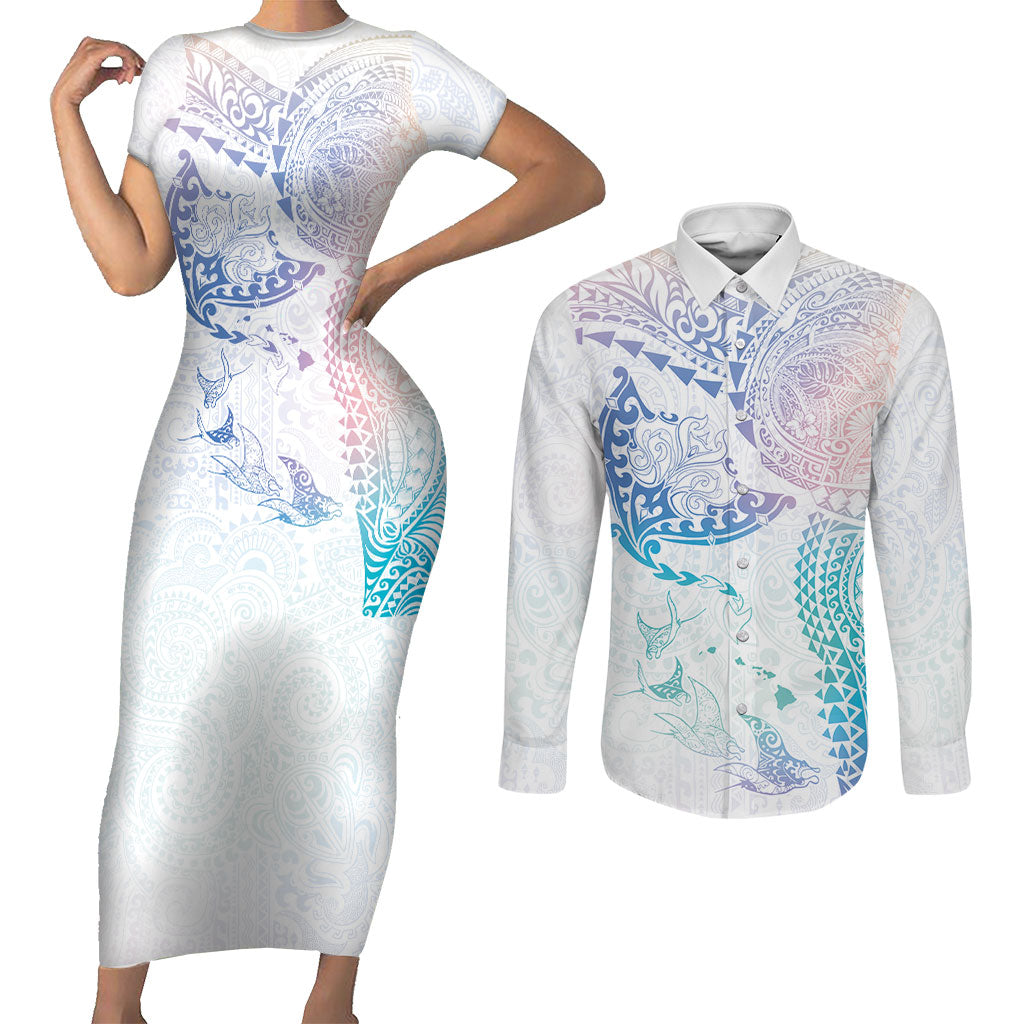 Hawaiian Manta Ray Tribal Couples Matching Short Sleeve Bodycon Dress and Long Sleeve Button Shirt Polynesian Art Motifs Sweet Pastel