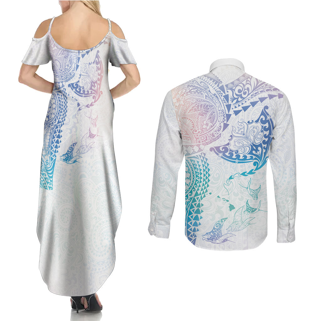 Hawaiian Manta Ray Tribal Couples Matching Summer Maxi Dress and Long Sleeve Button Shirt Polynesian Art Motifs Sweet Pastel