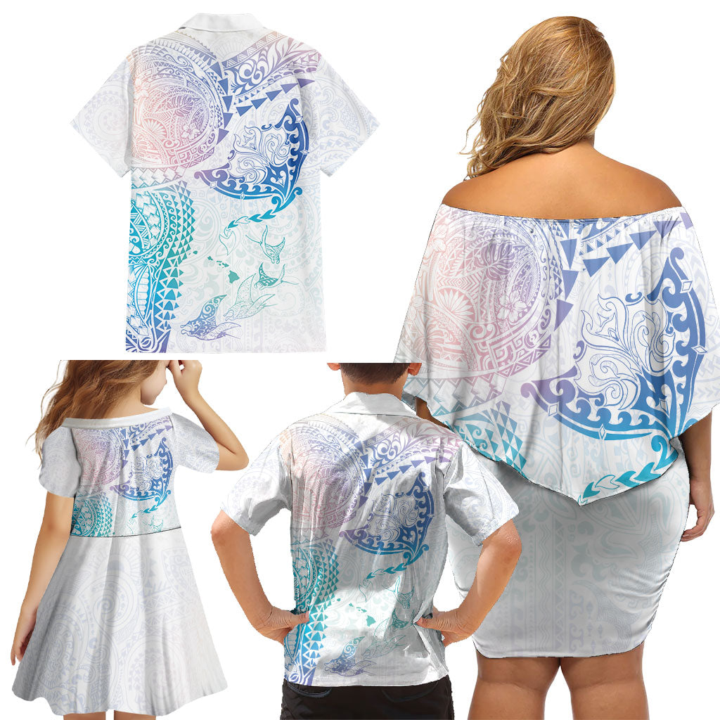Hawaiian Manta Ray Tribal Family Matching Off Shoulder Short Dress and Hawaiian Shirt Polynesian Art Motifs Sweet Pastel