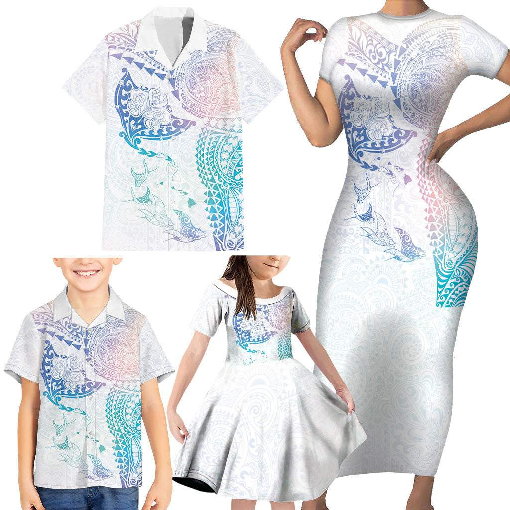 Hawaiian Manta Ray Tribal Family Matching Short Sleeve Bodycon Dress and Hawaiian Shirt Polynesian Art Motifs Sweet Pastel