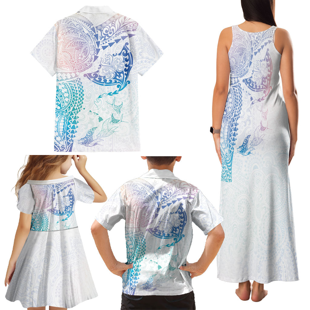 Hawaiian Manta Ray Tribal Family Matching Tank Maxi Dress and Hawaiian Shirt Polynesian Art Motifs Sweet Pastel