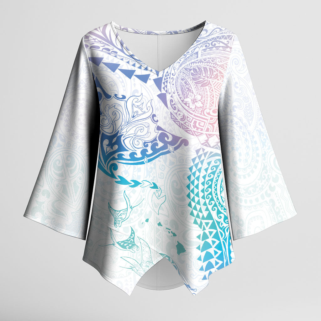 Hawaiian Manta Ray Tribal Kimono Sleeve Blouse Polynesian Art Motifs Sweet Pastel