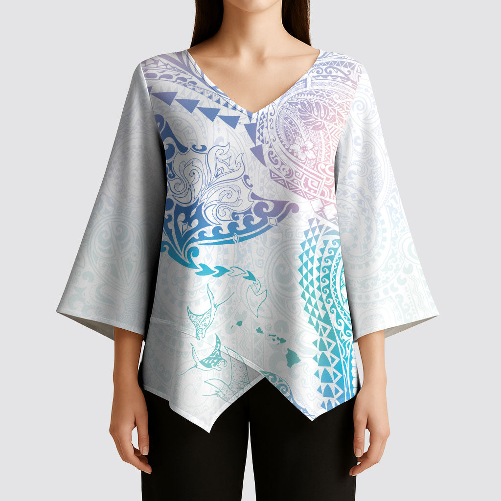 Hawaiian Manta Ray Tribal Kimono Sleeve Blouse Polynesian Art Motifs Sweet Pastel