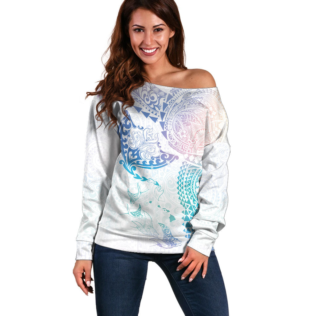 Hawaiian Manta Ray Tribal Off Shoulder Sweater Polynesian Art Motifs Sweet Pastel LT03 Women Multicolor - Polynesian Pride